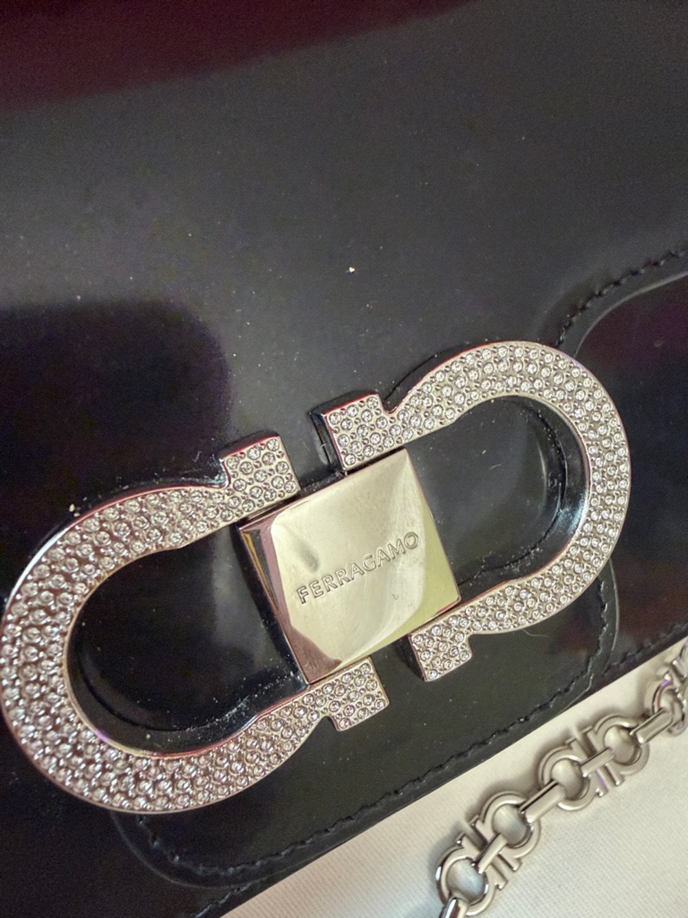 Salvatore Ferragamo Black Patent Leather Chain Shoulder Bag with Crystal Gancini